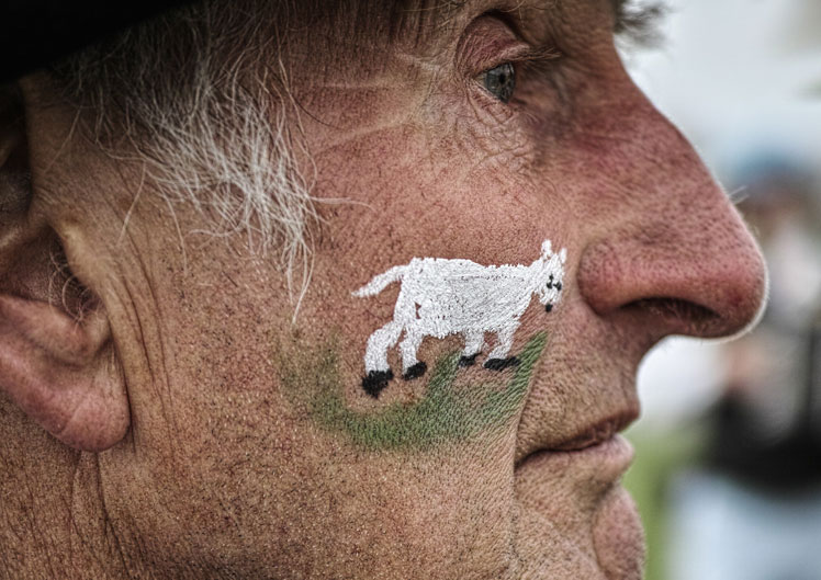 Close Up of s Dartmoor Border Morris Dancer's face showing a sheep painted on